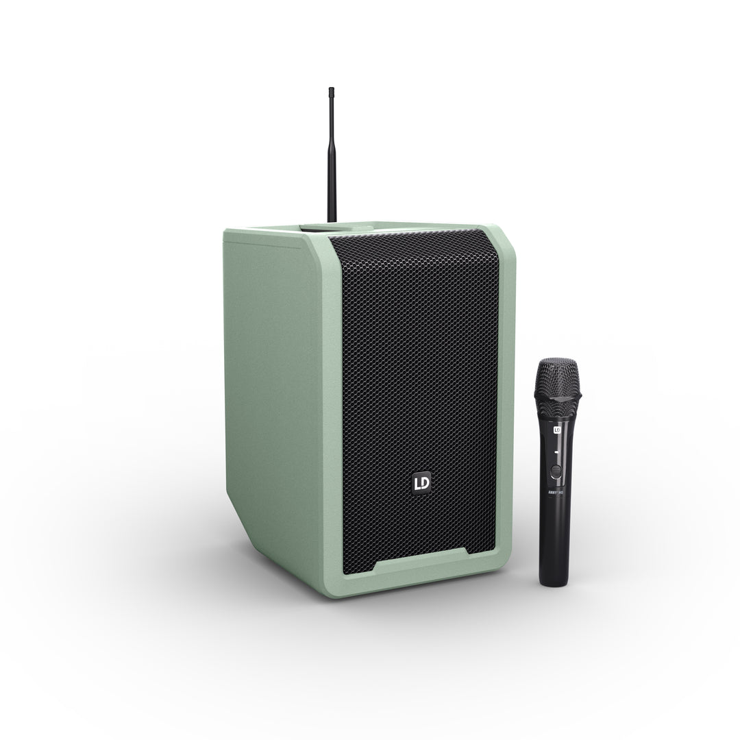 LD Systems ANNY® 8 HHD B6 GN - Bærbar batteridrevet Bluetooth® PA-højttaler med mixer og 1x trådløs håndholdt mikrofon, Adventure Green