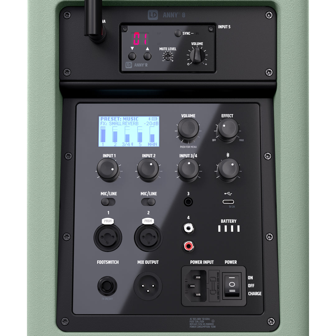LD Systems ANNY® 8 HHD B8 GN - Bærbar batteridrevet Bluetooth® PA-højttaler med mixer og 1x trådløs håndholdt mikrofon, Adventure Green