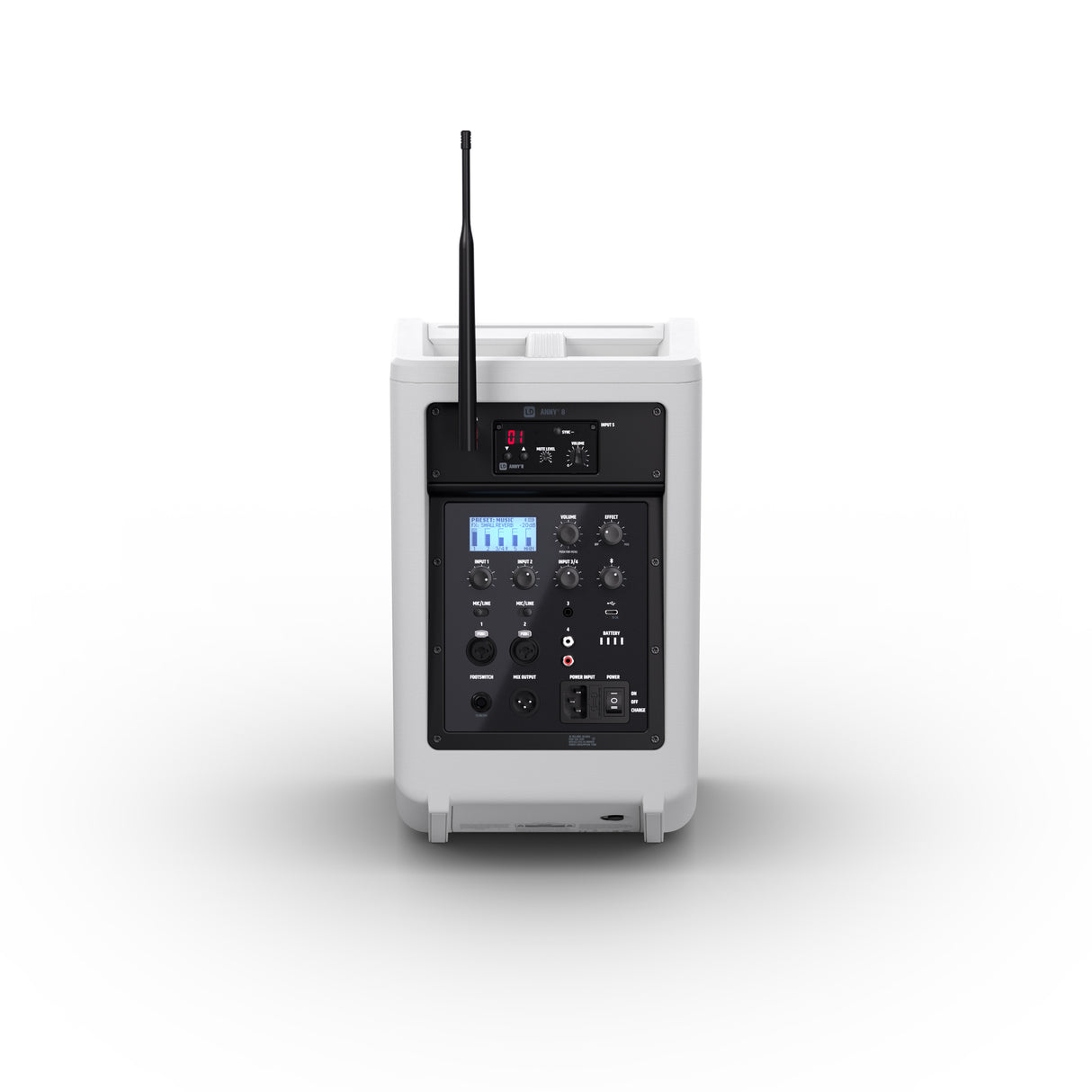 LD Systems ANNY® 8 HHD B8 W - Bærbar batteridrevet Bluetooth® PA-højttaler med mixer og 1x trådløs håndholdt mikrofon, ren hvid