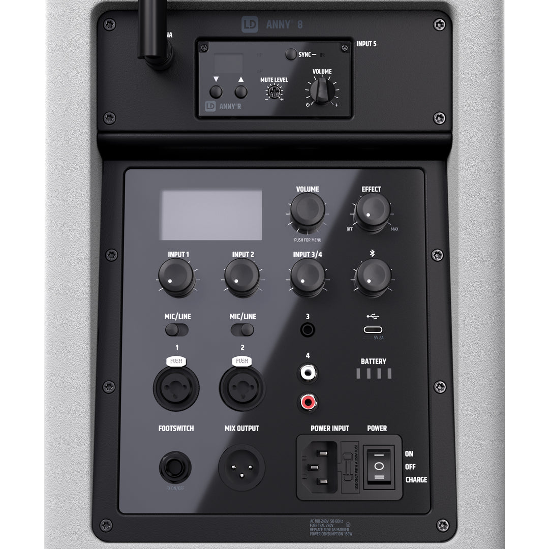 LD Systems ANNY® 8 HHD B8 W - Bærbar batteridrevet Bluetooth® PA-højttaler med mixer og 1x trådløs håndholdt mikrofon, ren hvid