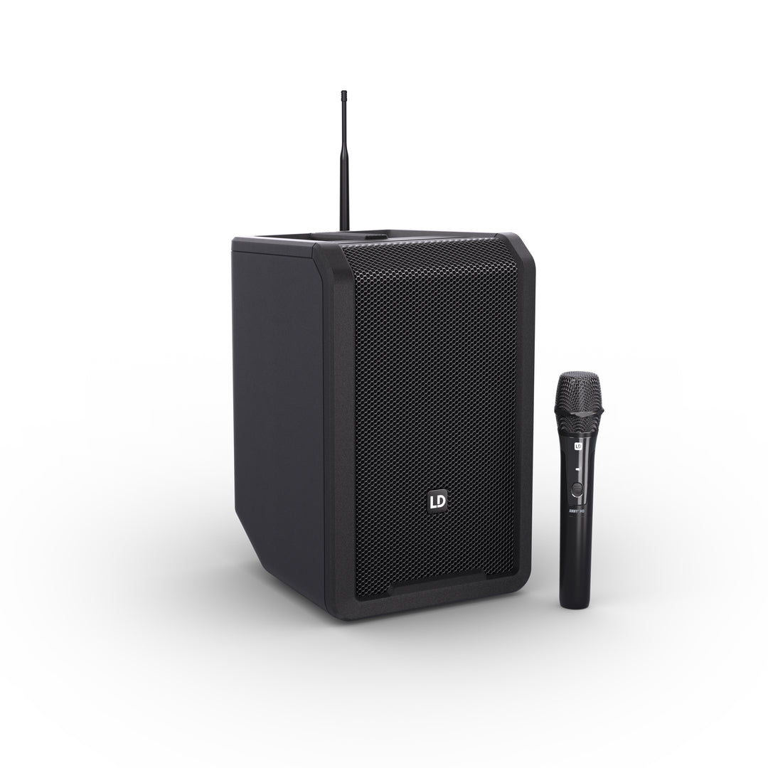 LD Systems ANNY® 8 HHD B8 - Bærbar batteridrevet Bluetooth® PA-højttaler med mixer og 1 x trådløs håndholdt mikrofon, Stage Black