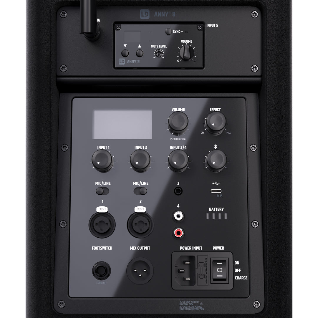 LD Systems ANNY® 8 HHD B8 - Bærbar batteridrevet Bluetooth® PA-højttaler med mixer og 1 x trådløs håndholdt mikrofon, Stage Black
