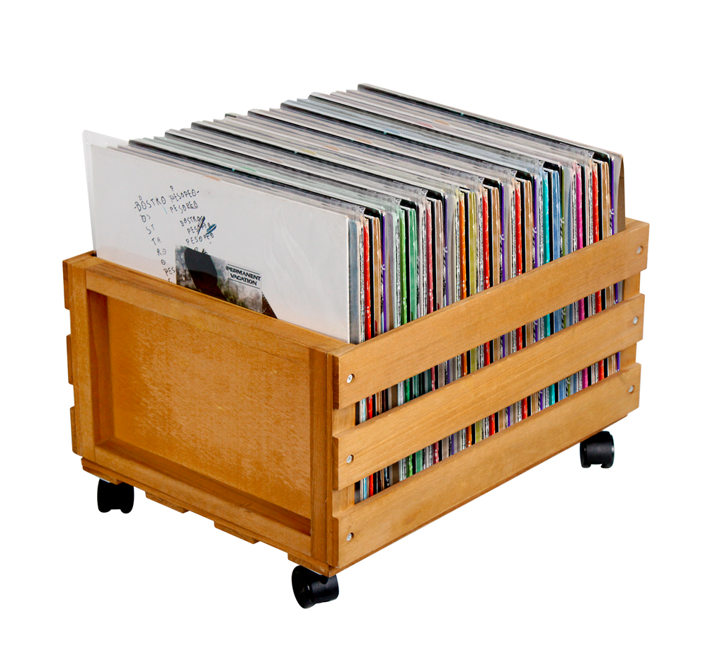 Vinylkasse med hjul, i lyst træ