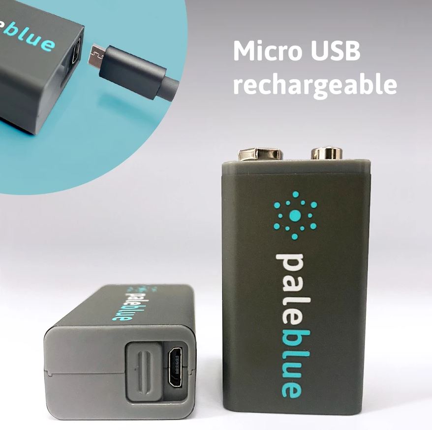 Pale Blue Li-Ion Rechargeable 9V Battery 2 pack of 9V with 2x1 USB-C cable