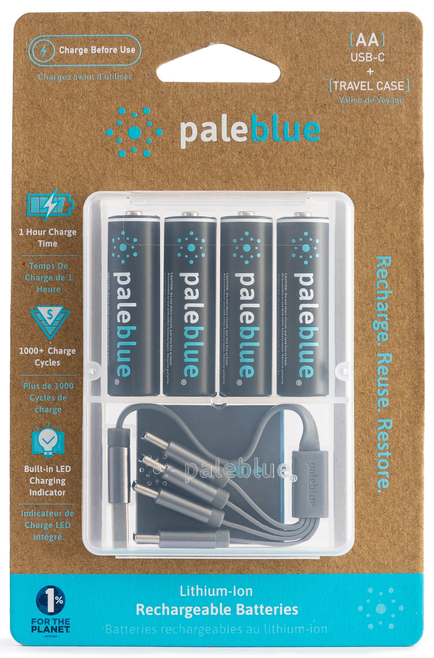 Pale Blue Li-Ion Rechargeable AA Battery 4-pack AA w/ 4x1 charging cable USB-C