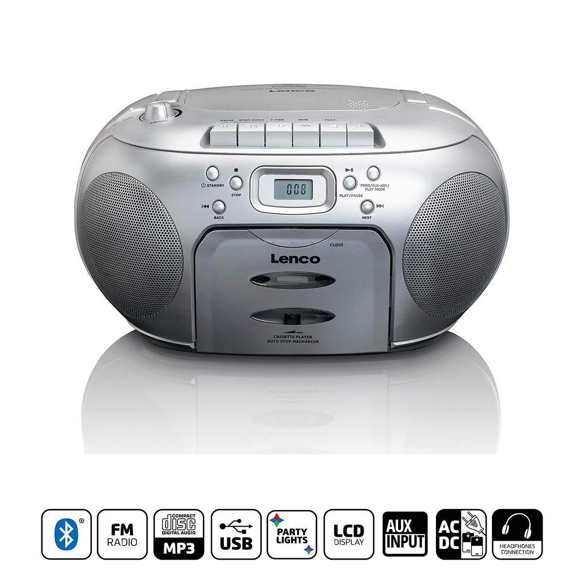 Transportabel FM/CD og kasetteafspiller, Sølv