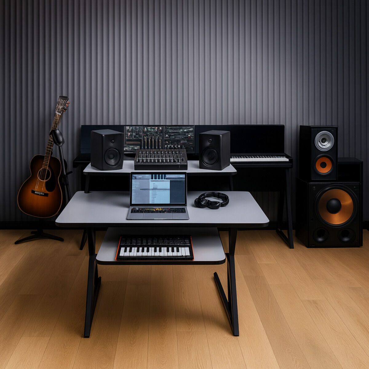 Studiebord med hylder og udtræk til keyboard (120 cm)