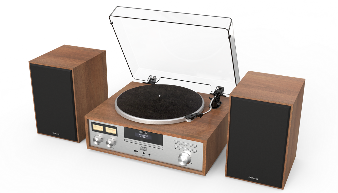 AIWA LPS-1 HiFi Pladespiller med DAB+, CD, Bluetooth og Højttalere, valnød