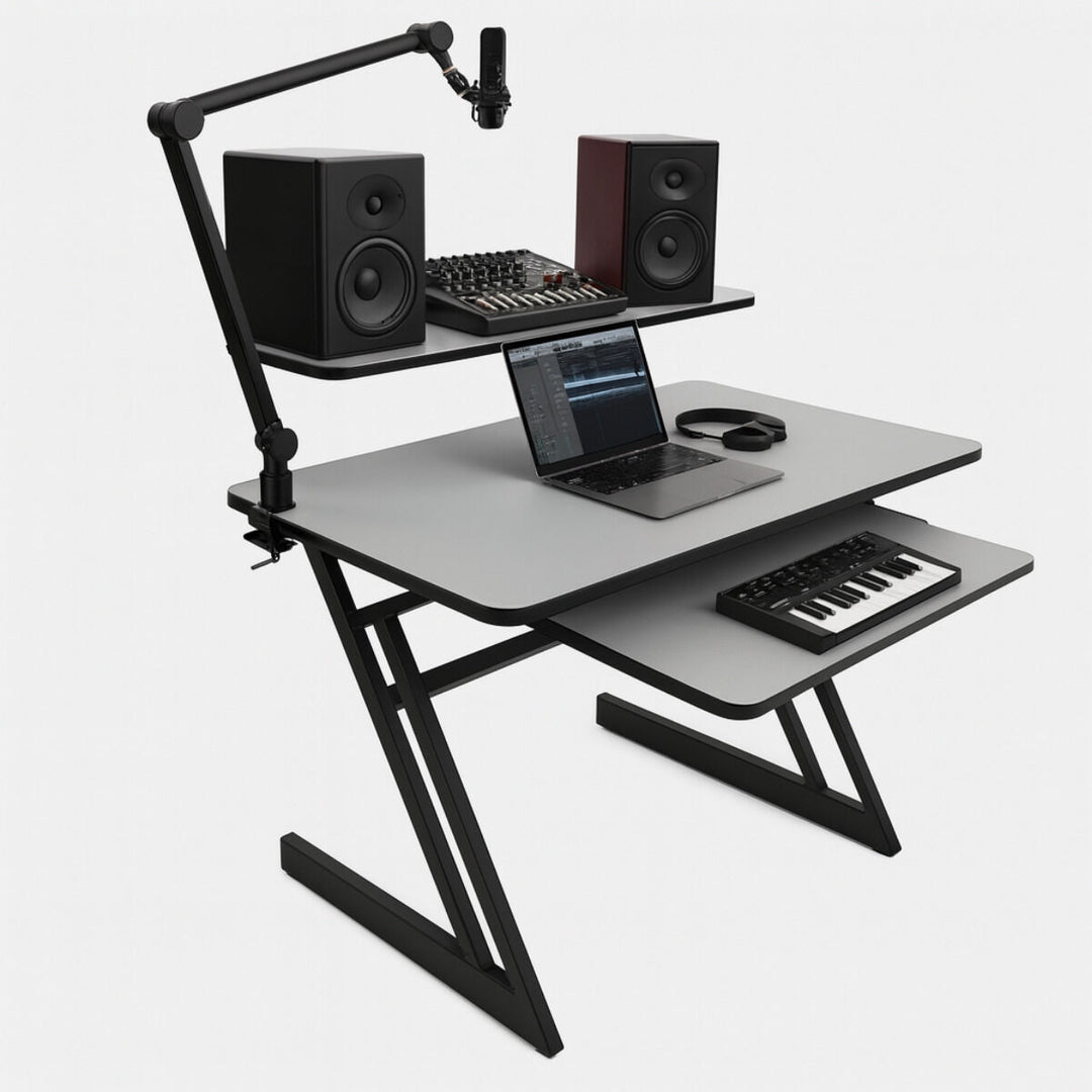 Studiebord med hylder og udtræk til keyboard (120 cm)