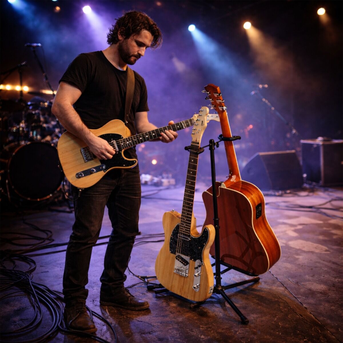 Guitarstativ til 2 Guitarer - Sort Foldbart Stålstativ