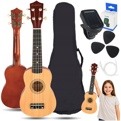 Ukulelesæt med Etui, Tuner og Tilbehør, Naturtræ