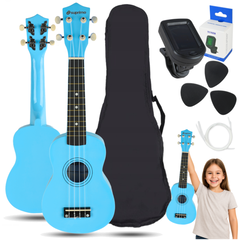 Ukulelesæt med Etui, Tuner og Tilbehør, Blå