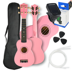 Ukulelesæt med Etui, Tuner og Tilbehør, Pink