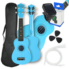 Ukulelesæt med Etui, Tuner og Tilbehør, Blå